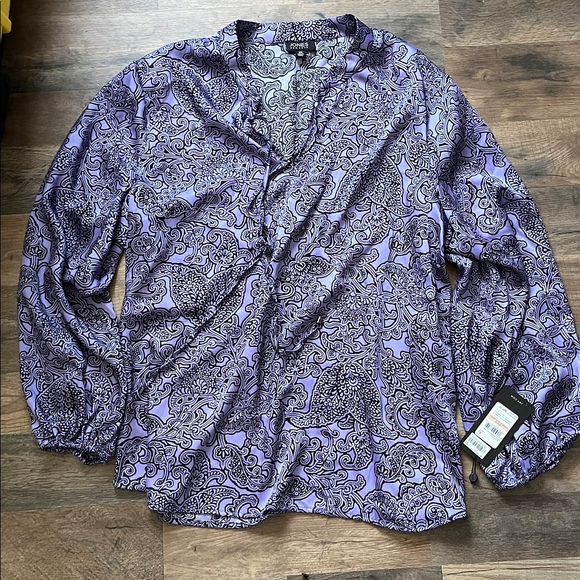 Jones New York Woman TOP Black Print on Purple Size 2X 100% Polyester - Picture 3 of 7